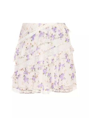LoveShackFancy Cream Mini Skirt with Purple Floral Ruffles